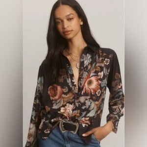 Anthropologie  Brielle Black Floral Relaxed Button-Down Blouse Size S/P NWOT